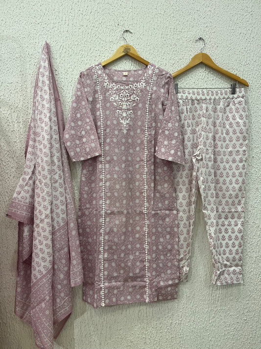 Pink printed cotton kurta set with dupatta