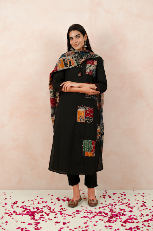 Black Cotton Kurta Set with Appliqué Work