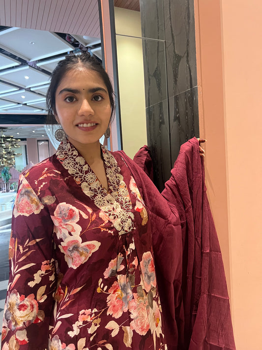 Wine Color Floral Printed Dupatta Set