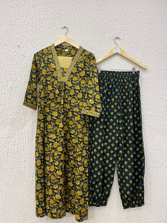Green Printed Cotton A-line Suit Set