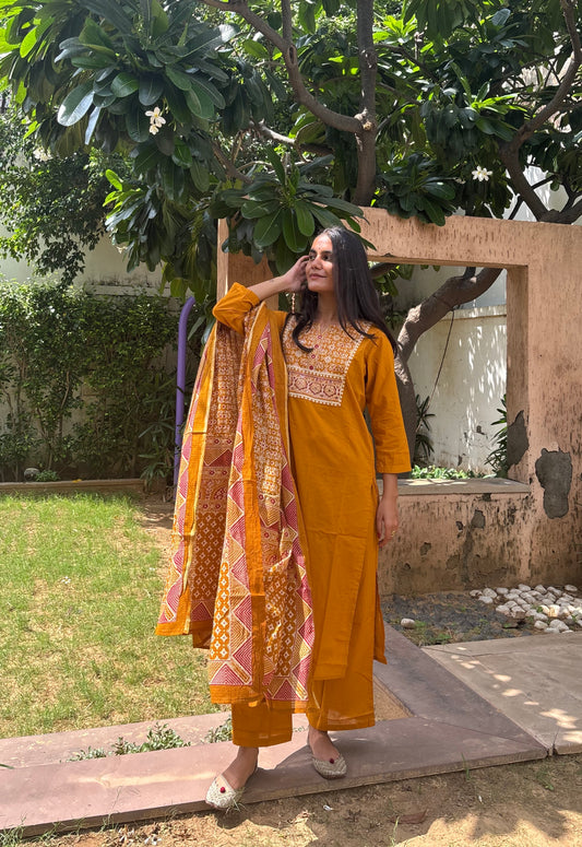 Mustard Cotton Suit Set with Ajrak Printed Dupatta