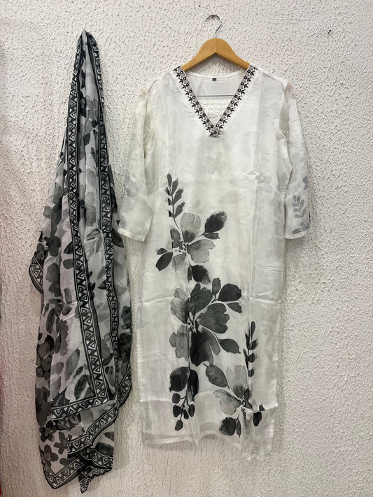 White organza kurta set with dupatta