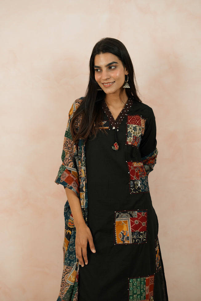 Black Cotton Kurta Set with Appliqué Work