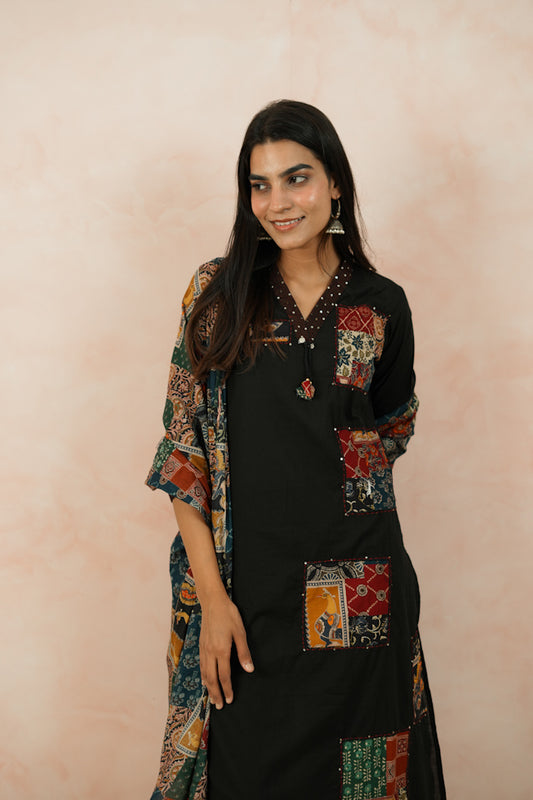 Black Cotton Kurta Set with Appliqué Work