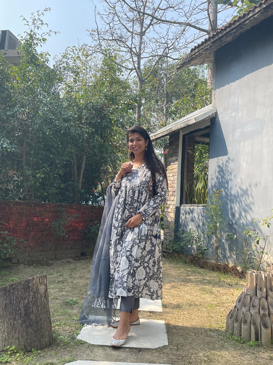 Grey Hand-block Anarkali Suit Set with Kota Doriya Dupatta
