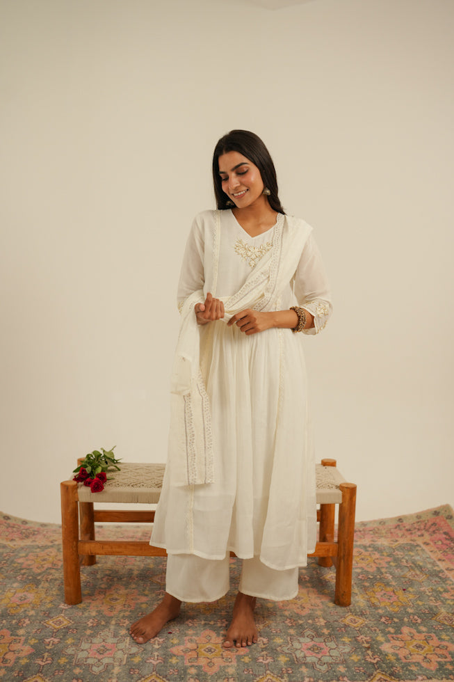 Hand-Embroidered Mul Chanderi Nayra-Cut Kurta Set