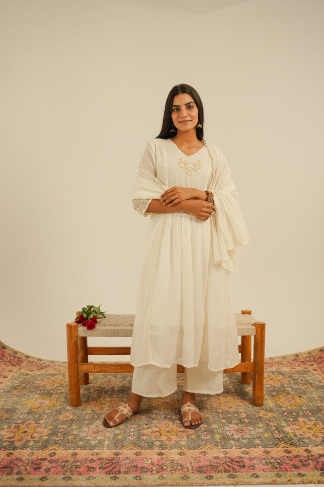 Hand-Embroidered Mul Chanderi Nayra-Cut Kurta Set