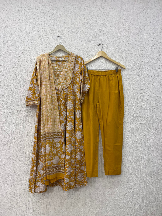 Yellow Print Anarkali with Printed Dupatta