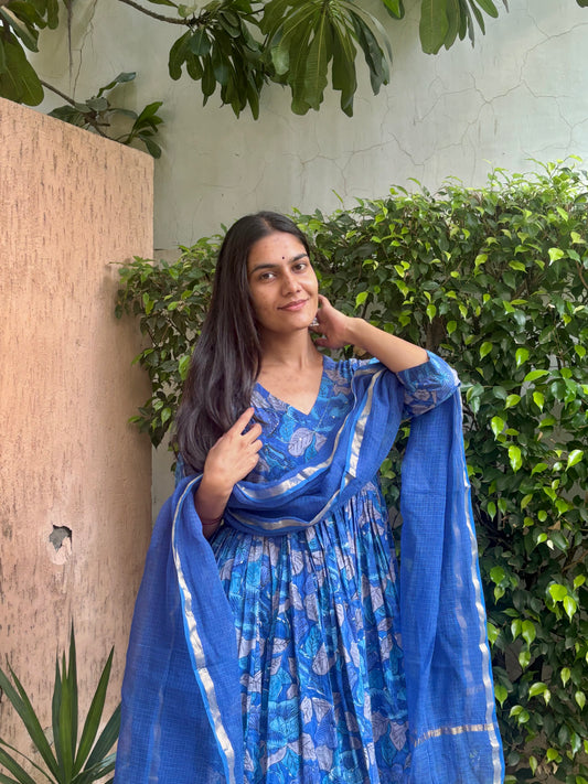 Blue Handblock Printed Cotton Anarkali