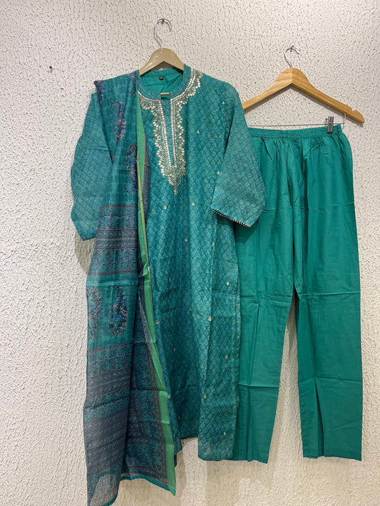 Teal Blue Printed Silk Kurta Set With Printed Dupatta