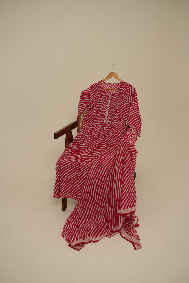 Pink Lehriya Cotton A Line Kurta Set