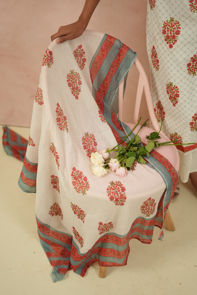 White Floral Block-Printed Cotton Kurta Set