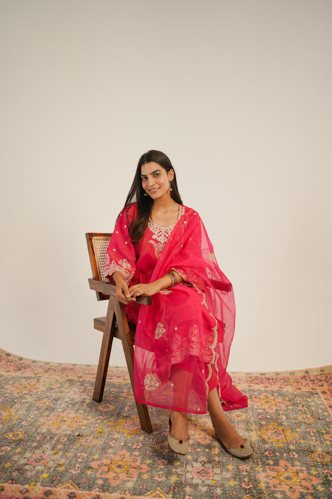 Hand-Embroidered Pure Shimmer Kurta Set with Organza Dupatta