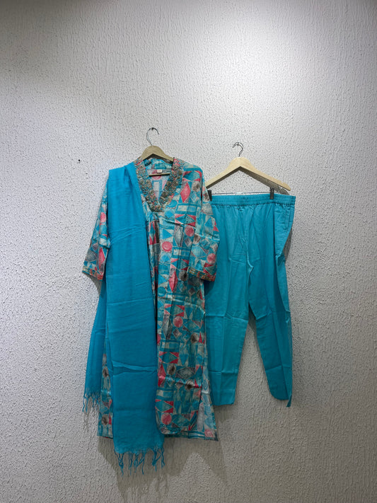 Blue Muslin Suit Set With Kota Doriya Dupatta