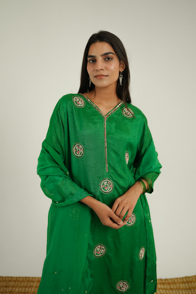 Hand-Embroidered Dola Silk A-Line Kurta Set