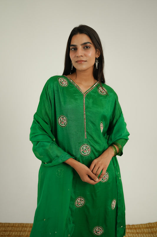 Hand-Embroidered Dola Silk A-Line Kurta Set