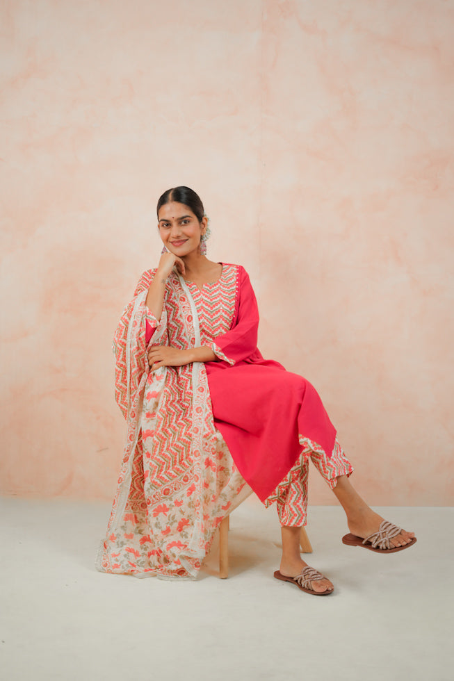 Pink Cotton Block-Printed Kurta Set