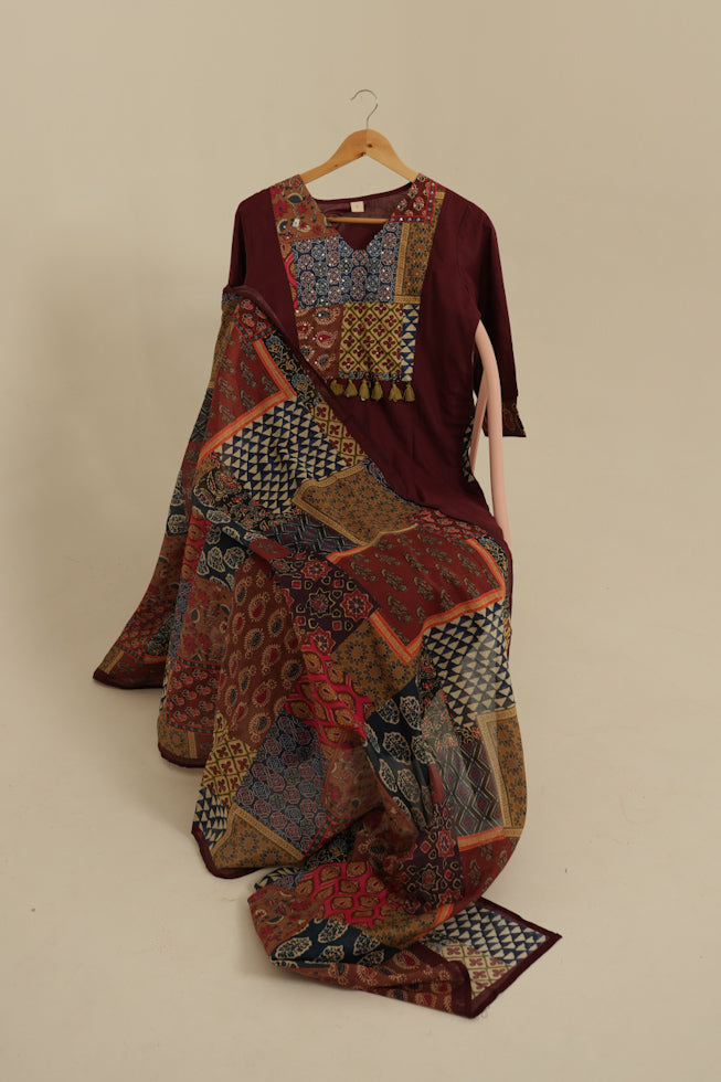 Maroon Cotton Ajrak Kurta Set