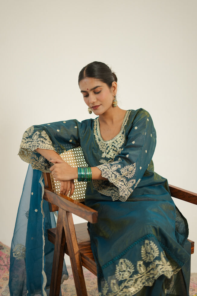 Hand-Embroidered Pure Shimmer Kurta Set with Organza Dupatta