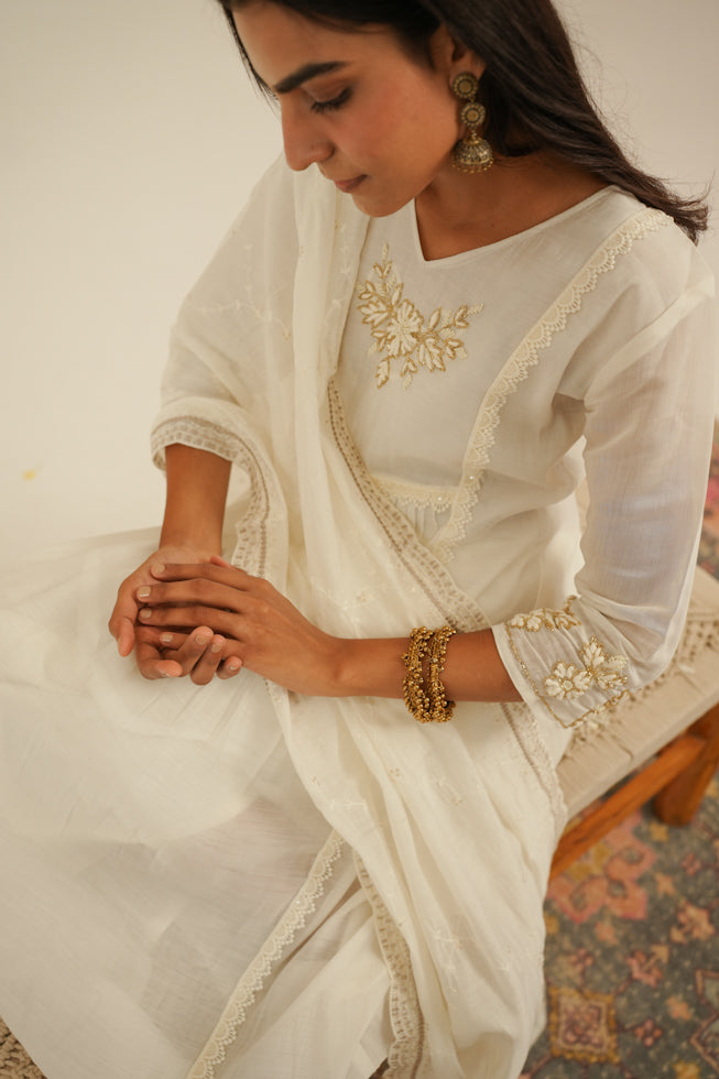 Hand-Embroidered Mul Chanderi Nayra-Cut Kurta Set