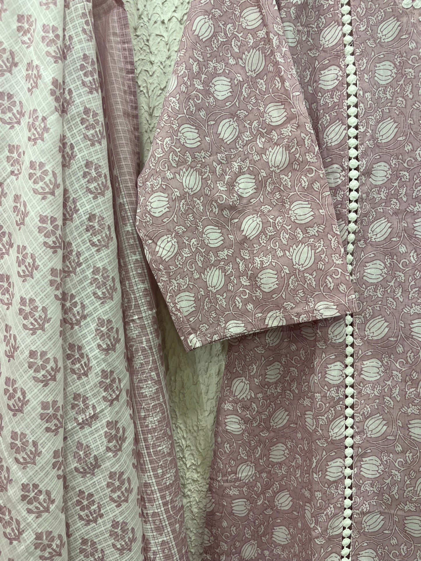 Pink printed cotton kurta set with dupatta