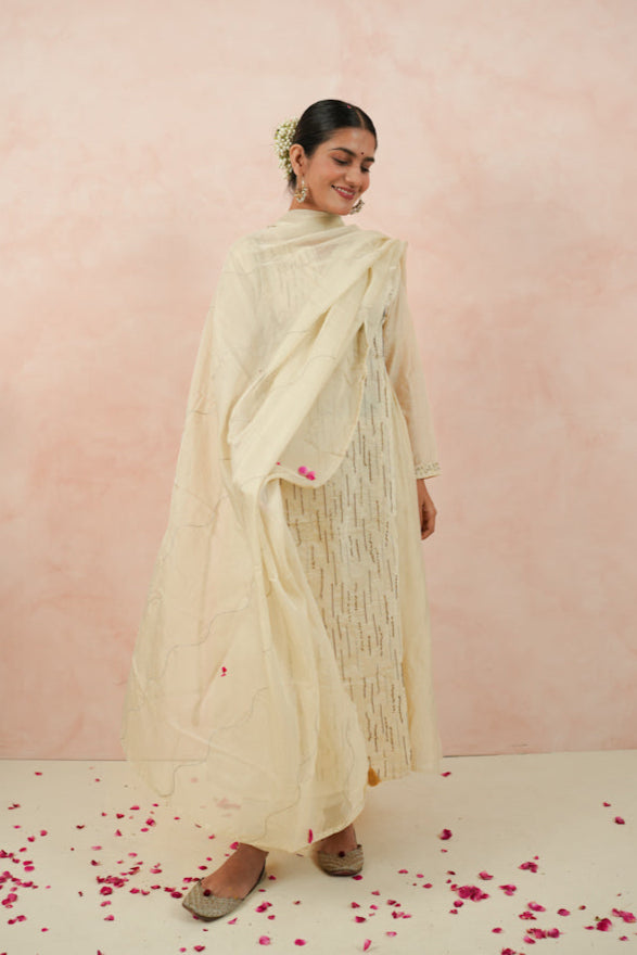 Off-White Hand-Embroidered Mul Chanderi Suit Set
