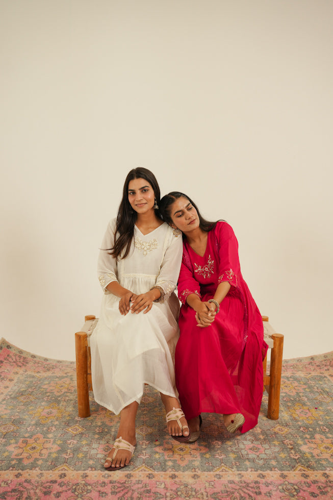 Hand-Embroidered Mul Chanderi Nayra-Cut Kurta Set