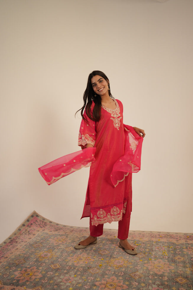 Hand-Embroidered Pure Shimmer Kurta Set with Organza Dupatta