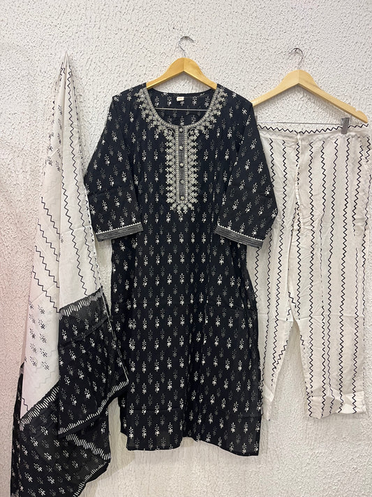 Black printed cotton kurta set with dupatta