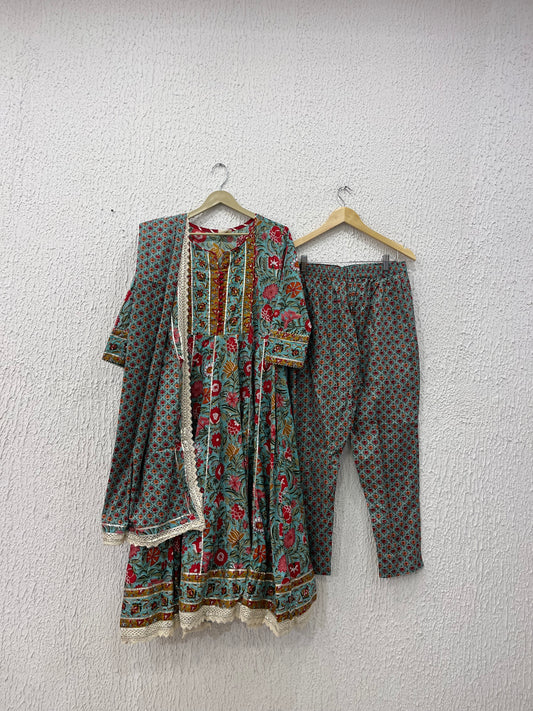 Printed Cotton Anarkali Suit Set with cotton printed dupatta