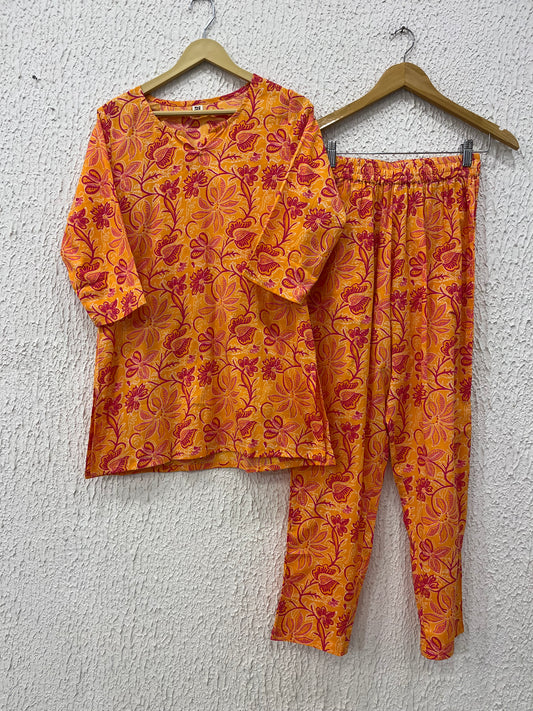 Orange Floral printed cotton Coordset.