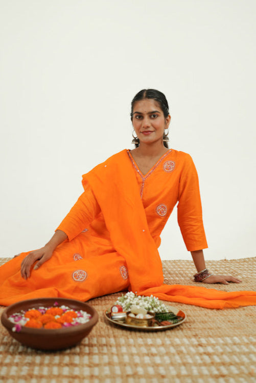 Hand-Embroidered Dola Silk A-Line Kurta Set