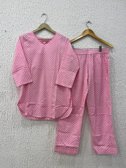 Pink/Teal blue Floral printed cotton loungewear set.