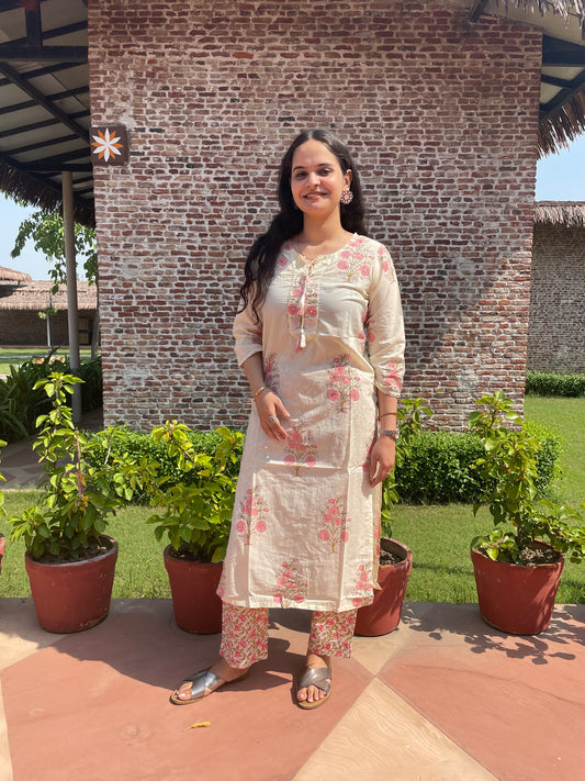 Off White Cotton Printed Kurta Set
