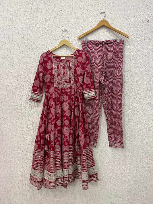 Pink Printed Cotton Kurta Pant Set