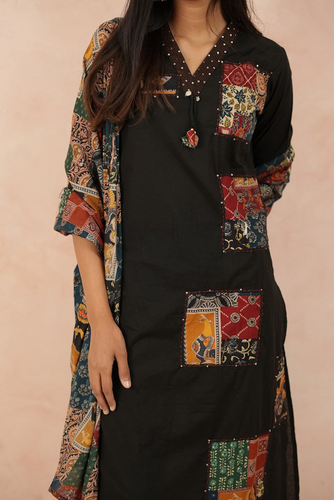 Black Cotton Kurta Set with Appliqué Work