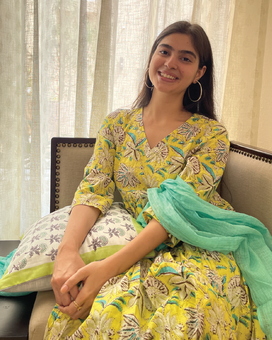 Yellow Floral Cotton Anarkali Set
