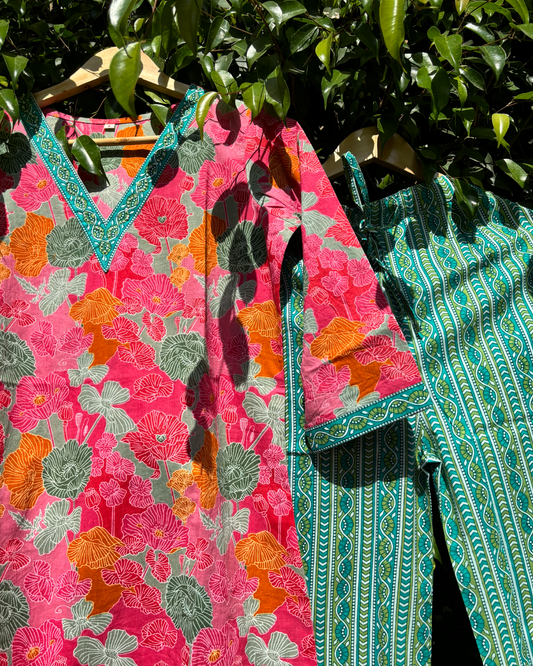 Pink Floral Print V neck Cotton Co-ord Set