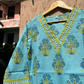 Green Blue Floral Print V neck Cotton Co-ord Set