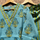 Green Blue Floral Print V neck Cotton Co-ord Set