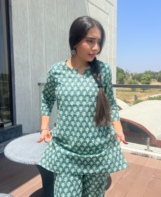 Dark Green Booti Print Cotton Loungwear Set