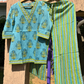 Green Blue Floral Print V neck Cotton Co-ord Set