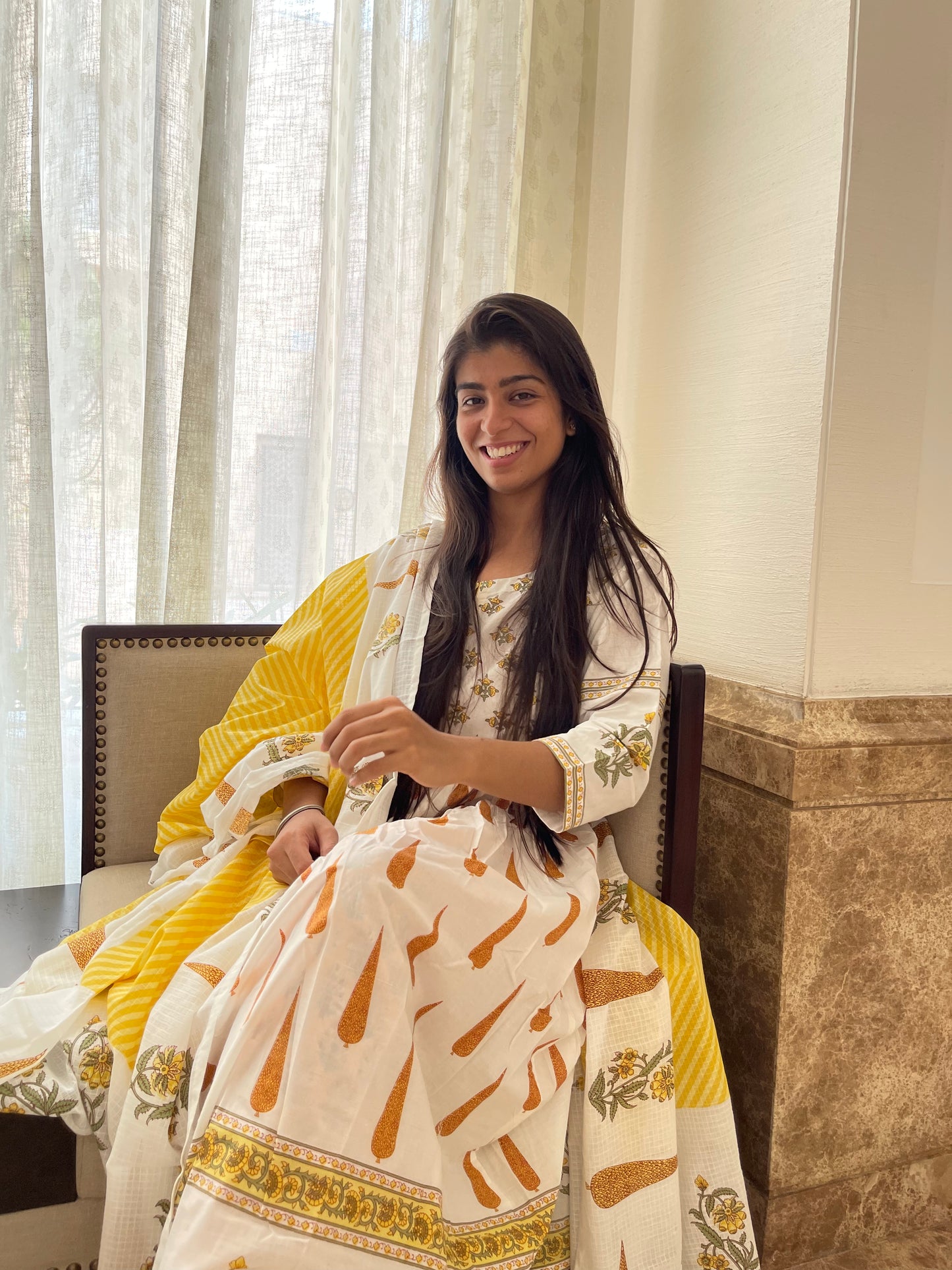Yellow Floral Print Cotton Anarkali Suit Set