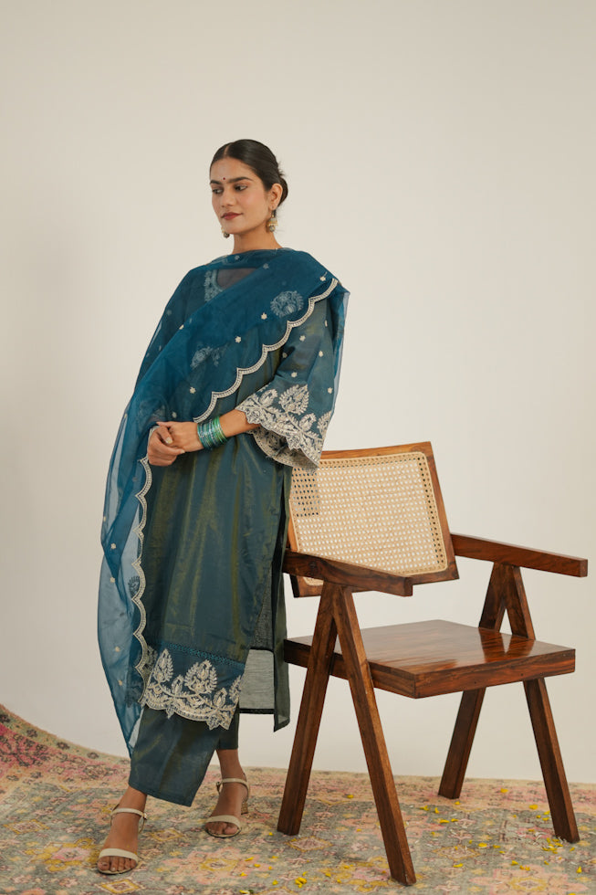 Hand-Embroidered Pure Shimmer Kurta Set with Organza Dupatta