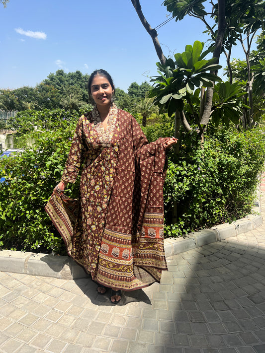 Brown Cotton Printed Dupatta Set.