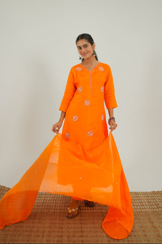 Hand-Embroidered Dola Silk A-Line Kurta Set