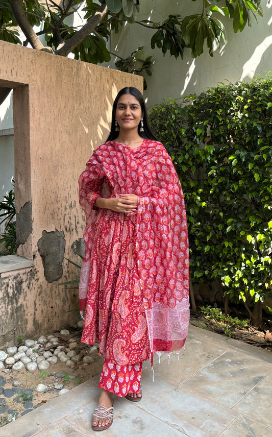 Red Handblock Printed Cotton Anarkali
