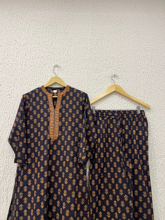 Black Floral Cotton Kurta Set