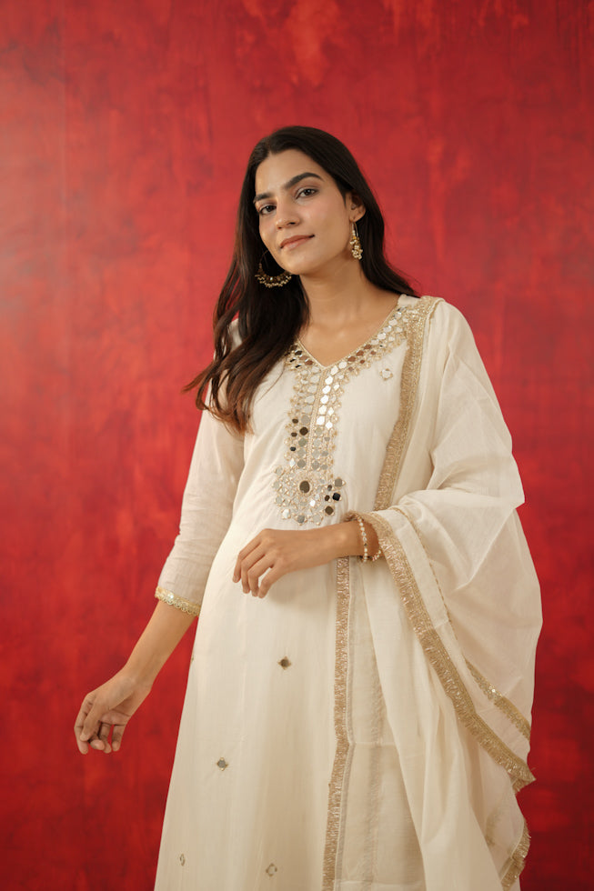 Mul Chanderi A-Line Kurta Set with Mirror Work