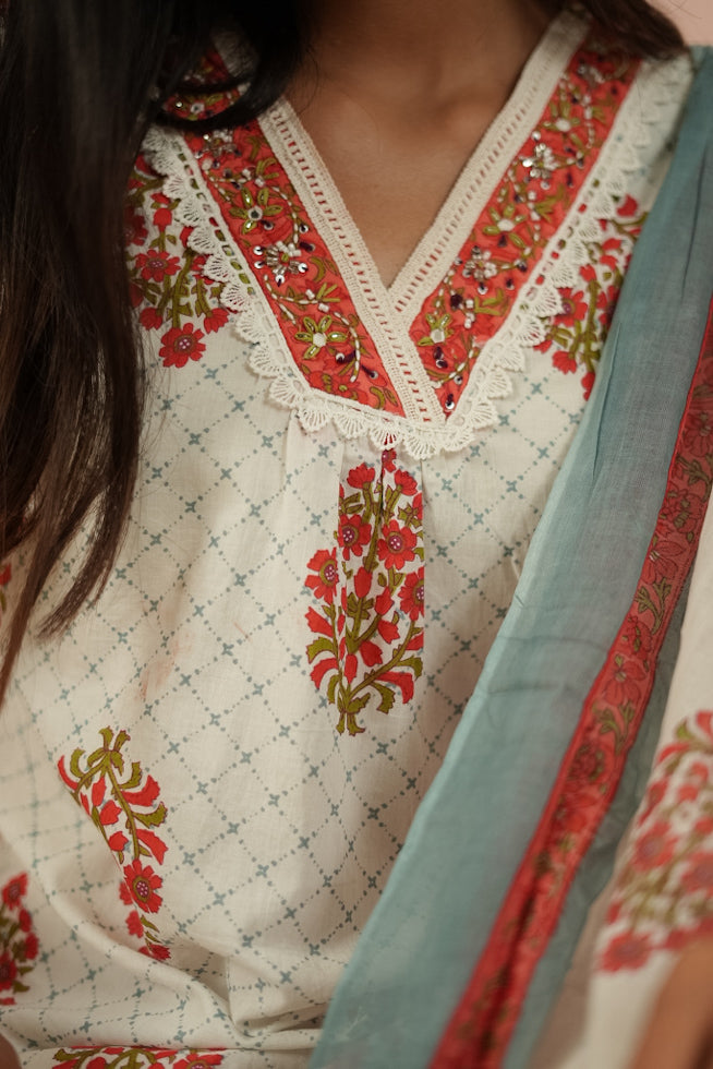 White Floral Block-Printed Cotton Kurta Set